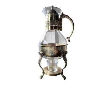 Vintage Brass Glass Warming Carafe Ornate Stand Coffee Tea Server Gold Tone